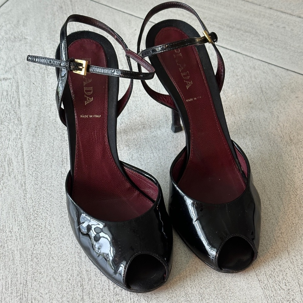 Prada Glossy Black Peep-Toe Heels
